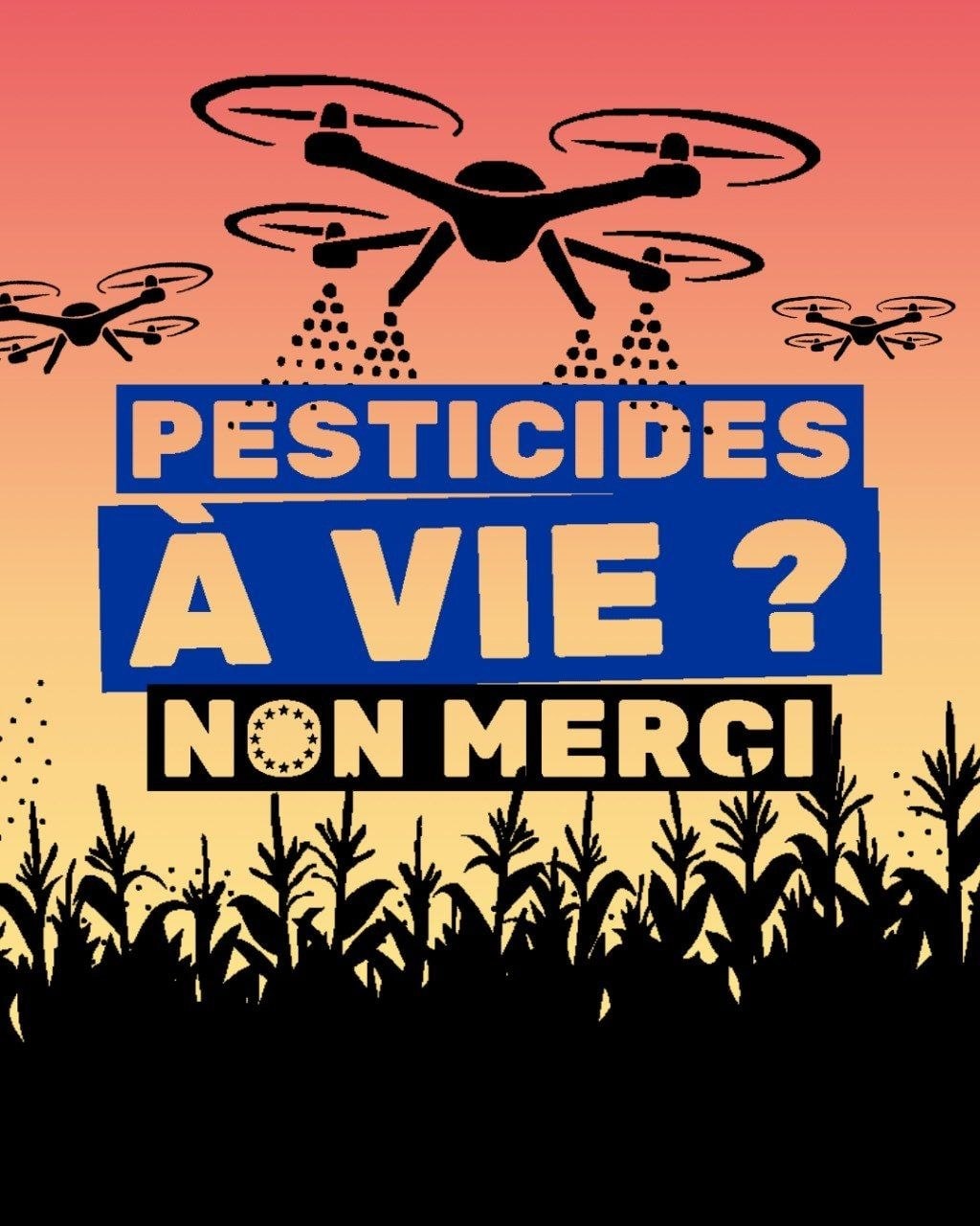Affiche : sur un ciel de coucher de soleil, des drones pulvérisent des pesticides au-dessus d'un champ de maïs en silhouette. Texte : « Pesticides à vie ? Non merci », le O de « Non » formé par les étoiles du drapeau européen.
