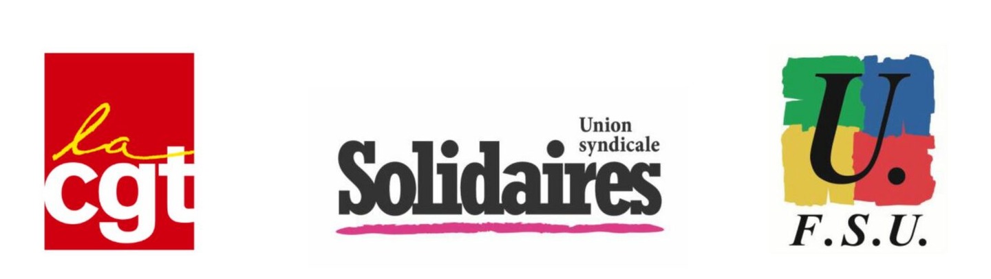 Les logos des trois organisations signataires : la CGT, l'Union syndicale Solidaires et la FSU.