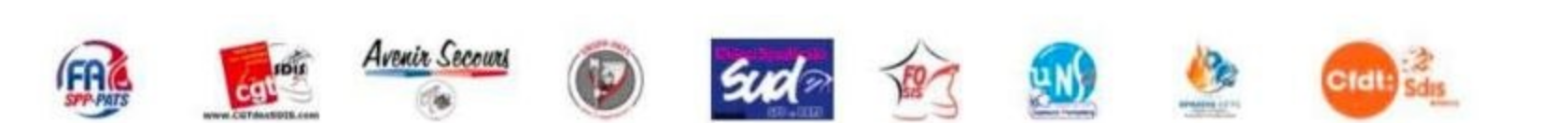 Logos des neuf organisations syndicales signataires : FA/SPP-PATS, CGT des SDIS, Avenir Secours, SNSPP-PATS, SUD SDIS, FO SPS, UNSA SDIS, SPASDIS-CFTC et CFDT-SDIS.
