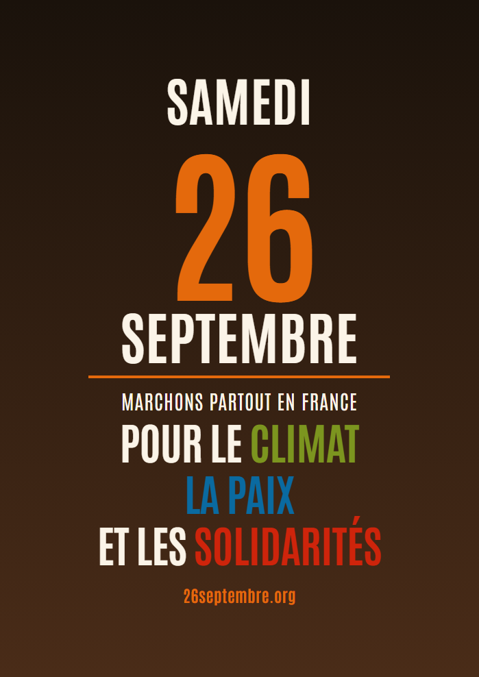 Affiche du 26 septembre : marchons partout en France pour le climat, la paix et les solidarités.
