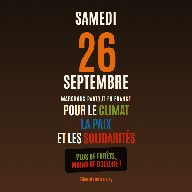 Visuel carré du 26 septembre — Plus de forêts, moins de Bolloré !