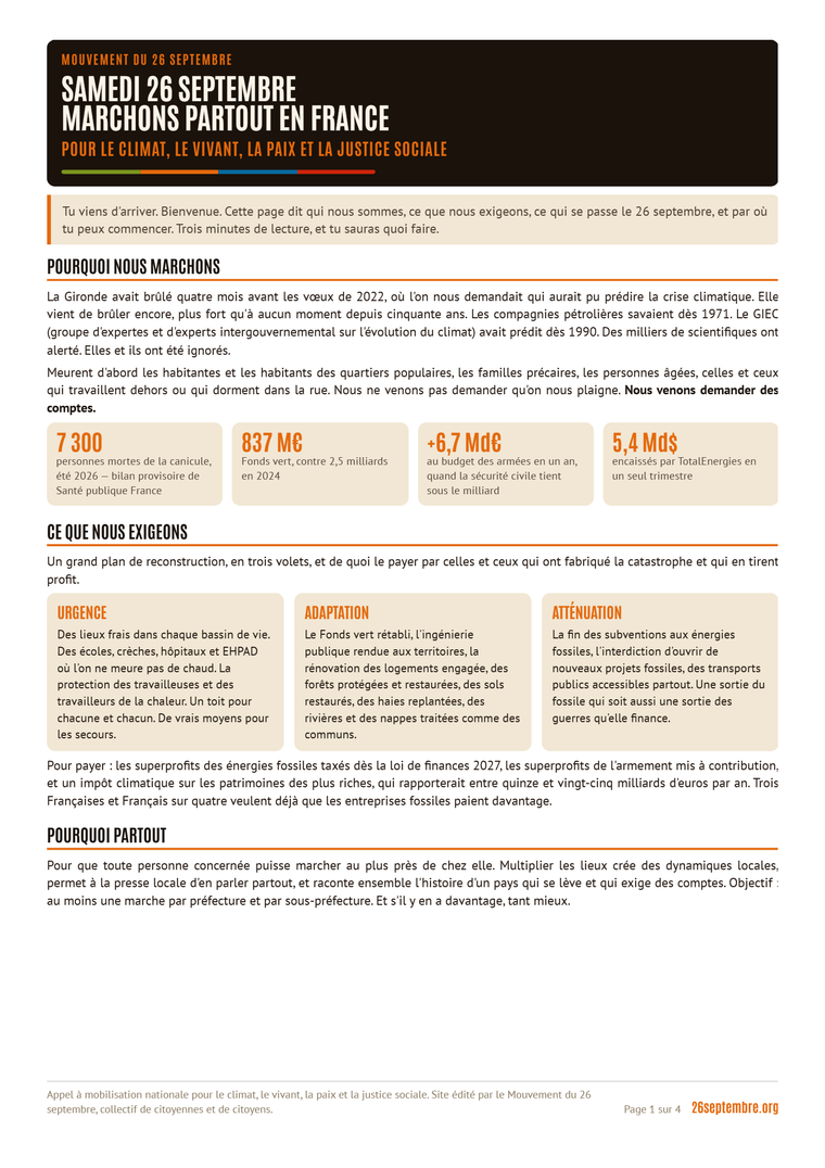 Première page du document « Bienvenue dans le mouvement du 26 septembre » (26 septembre)