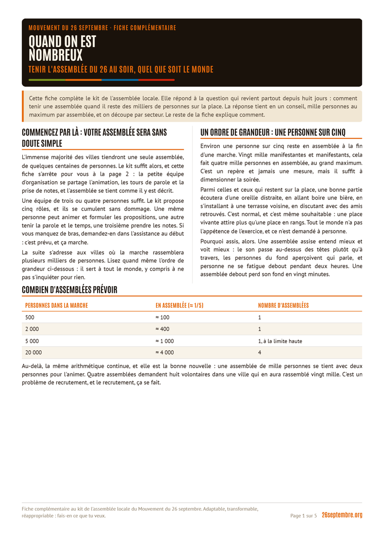 Première page du document « Fiche complémentaire : quand on est nombreux » (26 septembre)