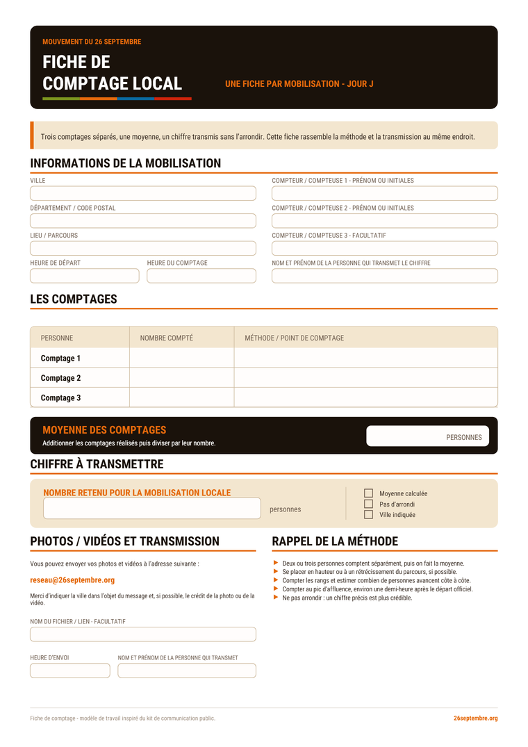 Première page du document « Fiche de comptage local » (26 septembre)