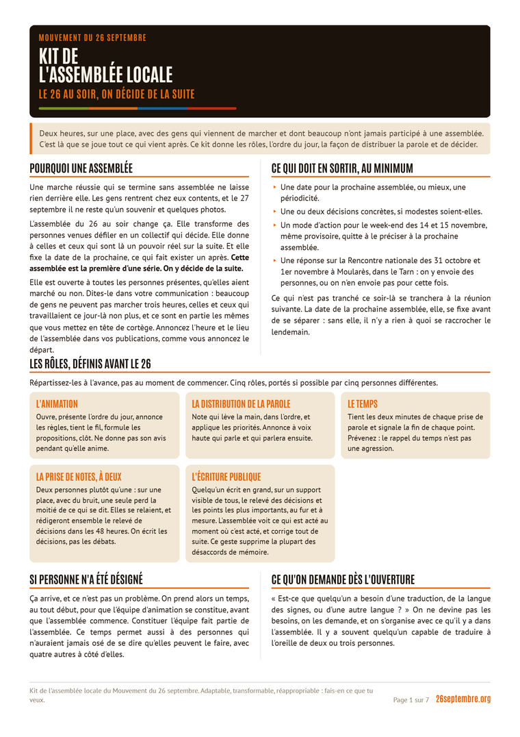 Première page du document « Kit de l'assemblée locale » (26 septembre)