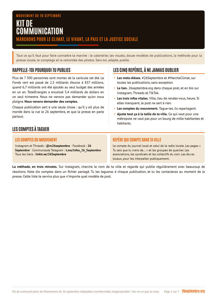 Première page du document « Kit de communication » (26 septembre)