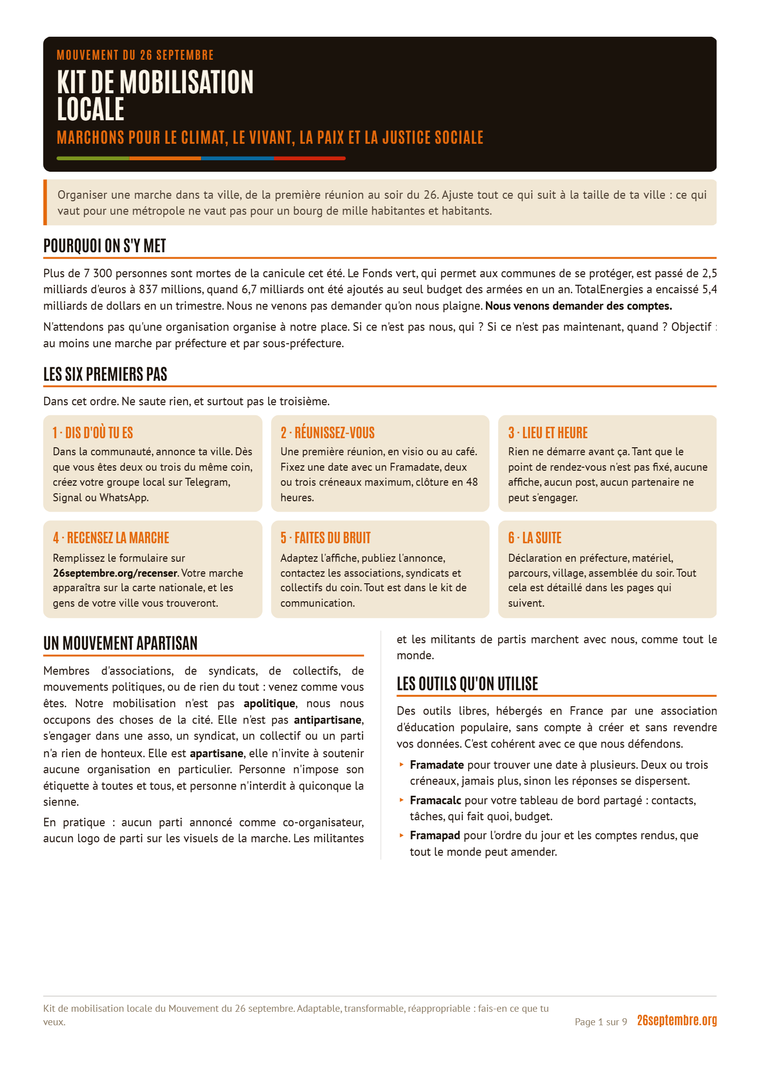 Première page du document « Kit de mobilisation locale » (26 septembre)