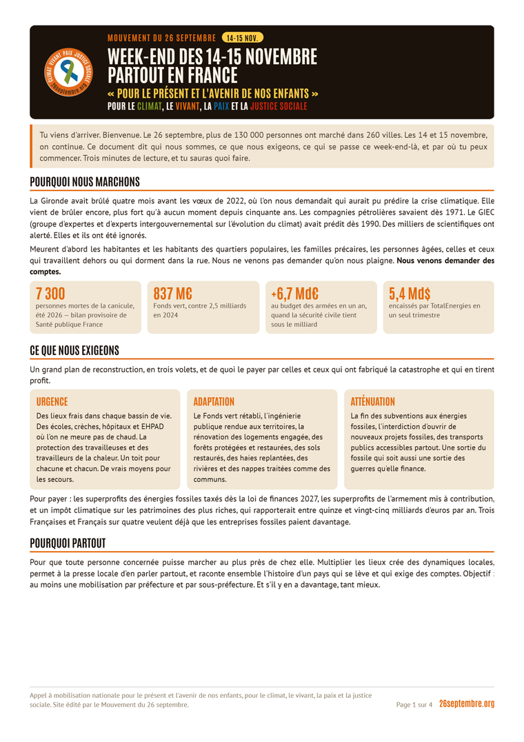 Première page du document « Bienvenue dans le mouvement du 26 septembre »