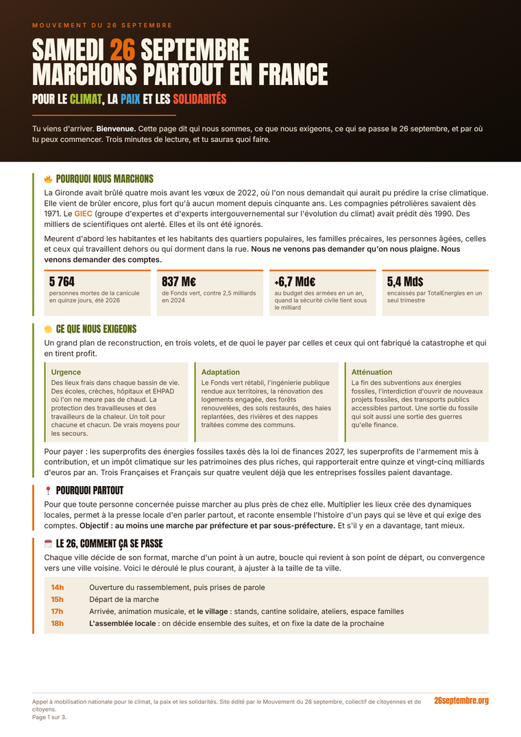Première page du document « Bienvenue dans le mouvement du 26 septembre »