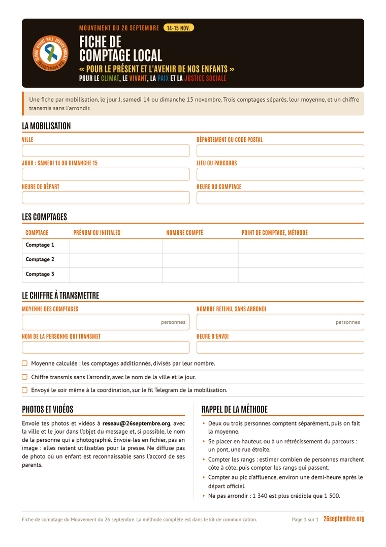 Première page du document « Fiche de comptage local »
