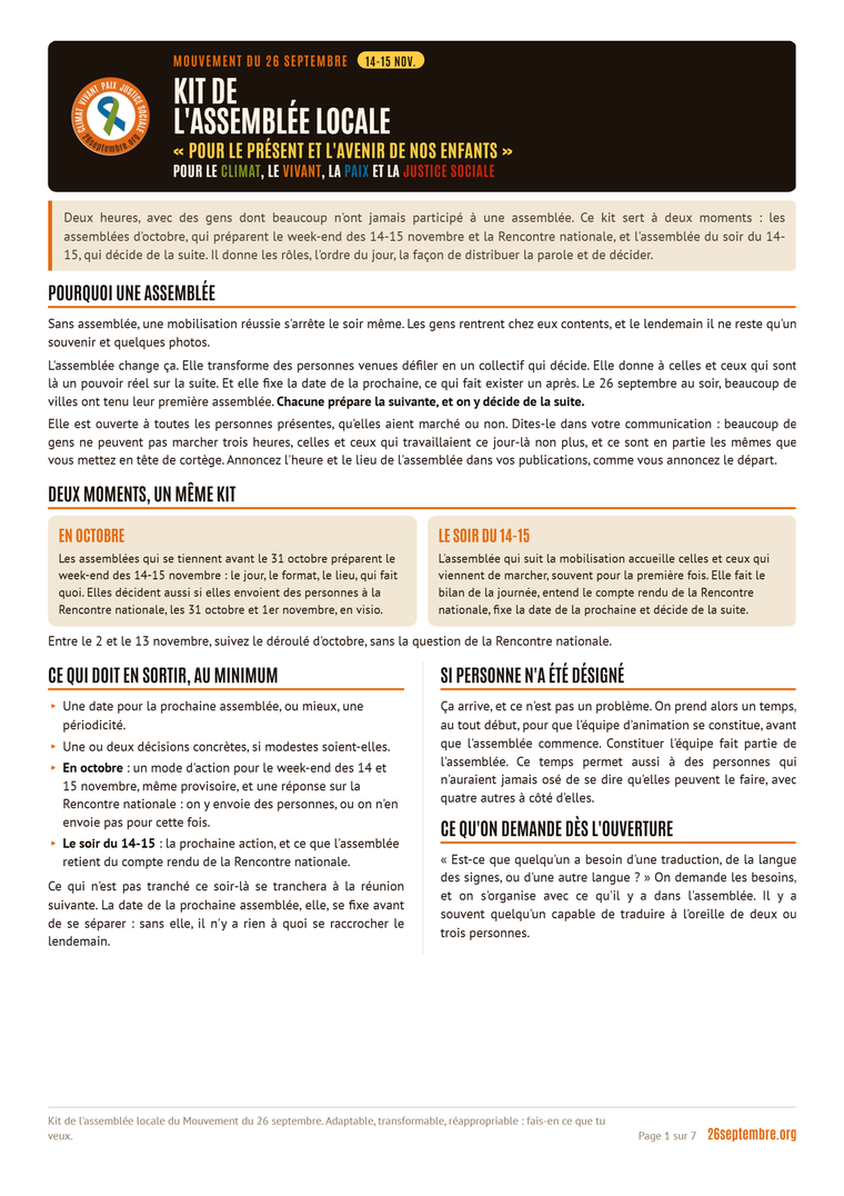 Première page du document « Kit de l'assemblée locale »