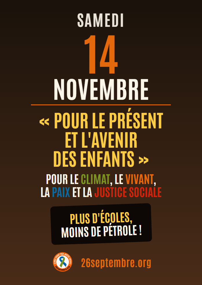 Affiche du 14 novembre : Plus d'écoles, moins de pétrole !